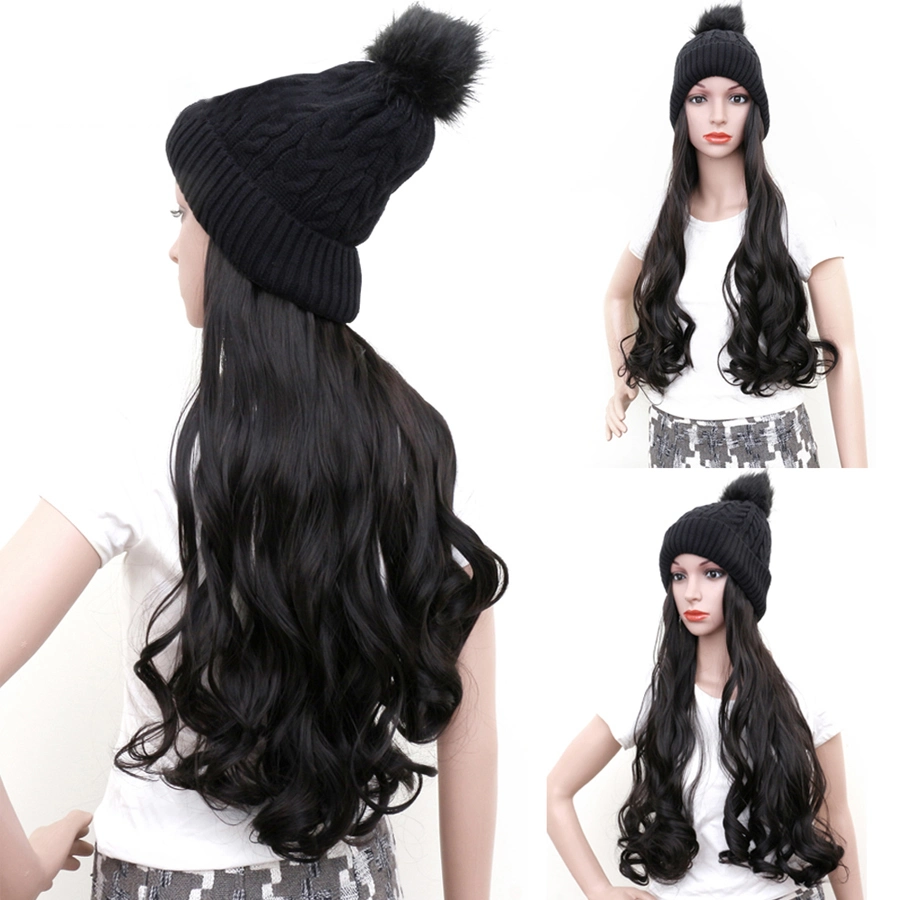 High quality/High cost performance  28inch Black Long Wig Hat Hair Synthetic Non-Detachable Knitted Hat Hair Extension for Women