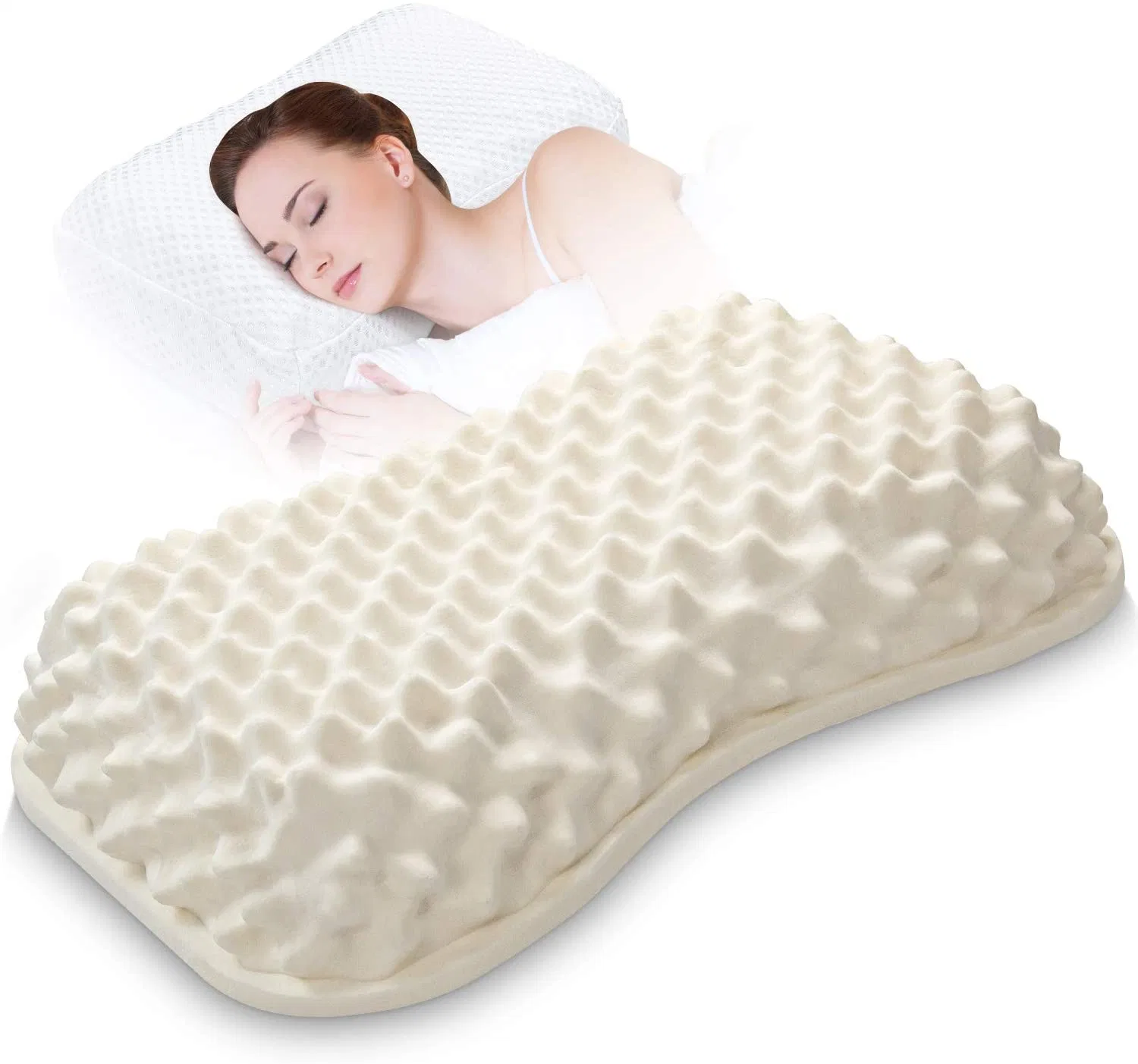 Latex Pillow for Sleeping, Cervical Pillow for Neck Pain, Breathable Contour Pillows for Side Sleepers with Washable Cover, Massage Granule