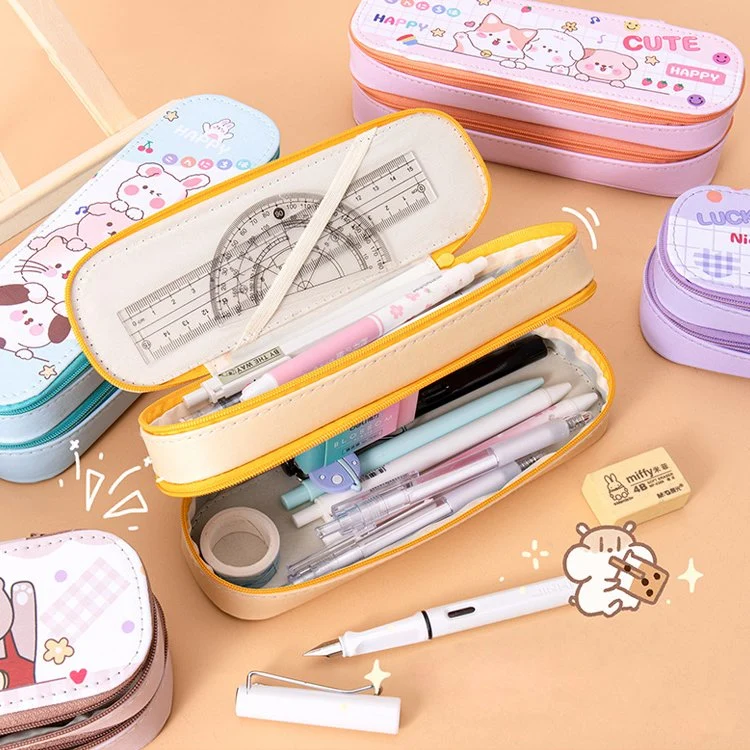 Cute Cartoon Pencil Case Kids Student Stationery Storage Organizer 3 Layers Large Capacity Portable Canvas Pen Bag for Girls