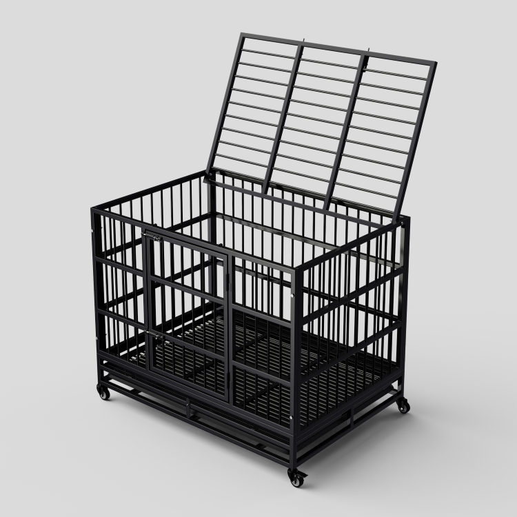 Cage pour chiens d'extérieur portable de 48 pouces, double porte intérieure noire Métal robuste pliage fils en acier Crate pour animaux de grande taille Cage pour chiens