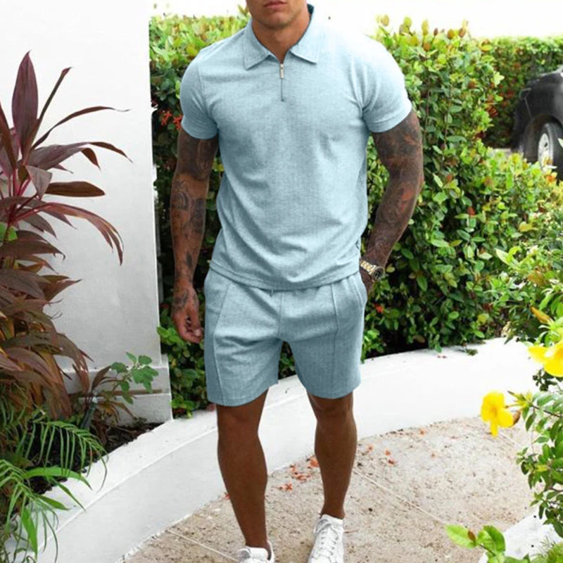 Wholesale Summer Men&prime; S Cotton Solid Color Zipper Polo T Shirt Shorts Set for Men Casual Streetwear Printing Blank Tracksuit Jogging Suit