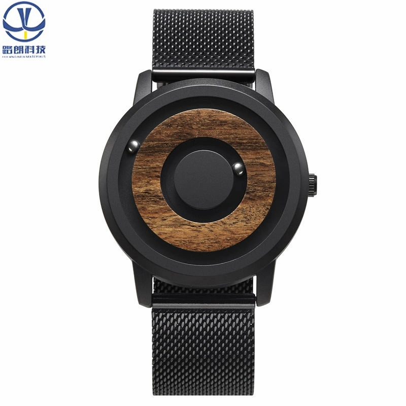 Customizable Logo Neutral Fashion Stainless Steel Magnetic Steel Ball No Pointer Wooden Dial Luxury Swiss Movement Simple Men's Watch