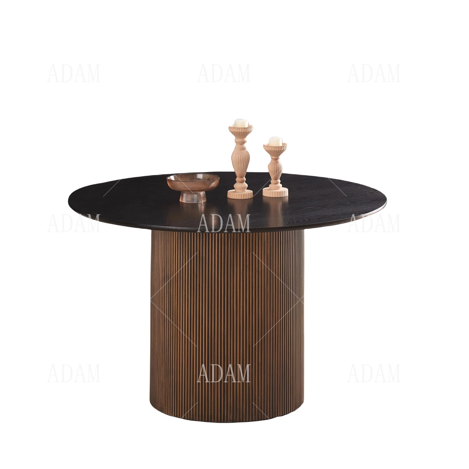 High-Quality Good Price Black Veneer Wooden Piper Fluted Round Ribbed Dining Table Set