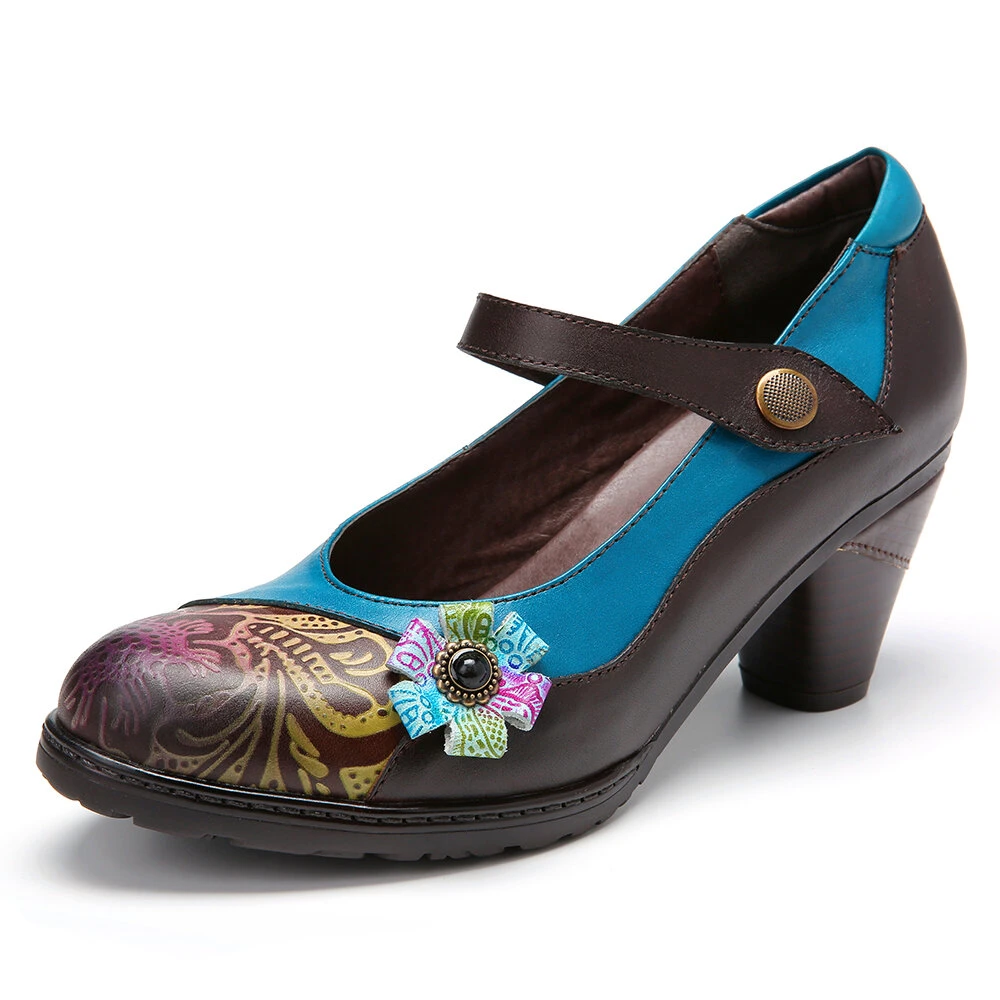 Factory Custom Genuine Leather Sandals Flower Buckle Ladies Heel Shoes