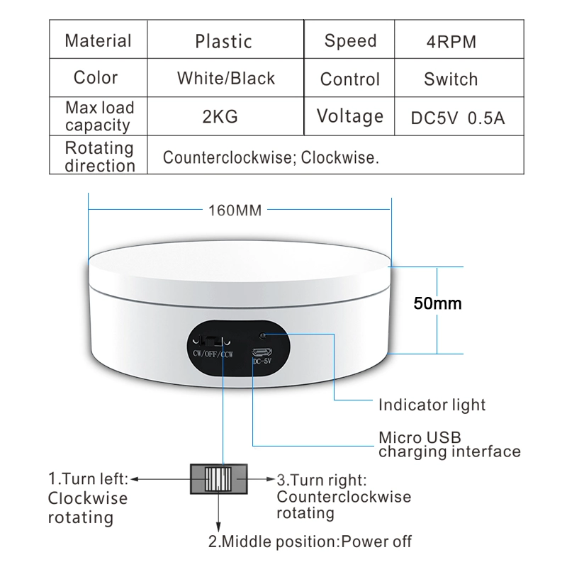 Soporte de pantalla de 360 grados Fotografía 16cm girar 360 grados Plato giratorio eléctrico