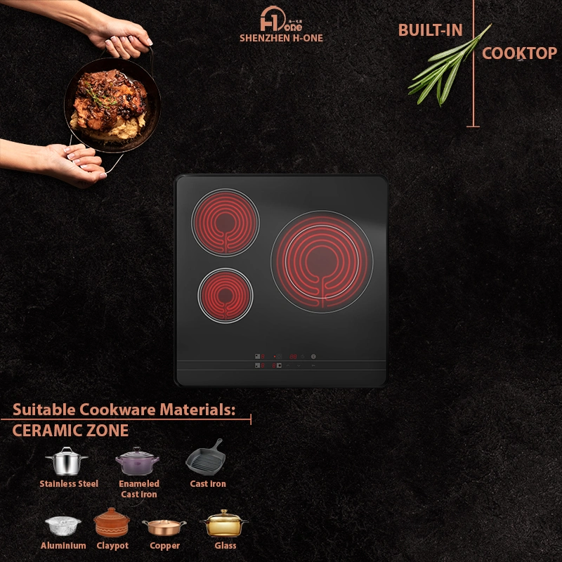 Built-in Electric Ceramic Radiant Cooking Plate with 3 Burners in Black 60cm