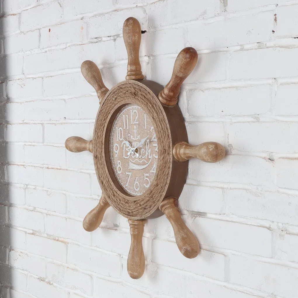 Anchor Beach Nautical Ship Rudder Steering Wheel Sunrise Clock