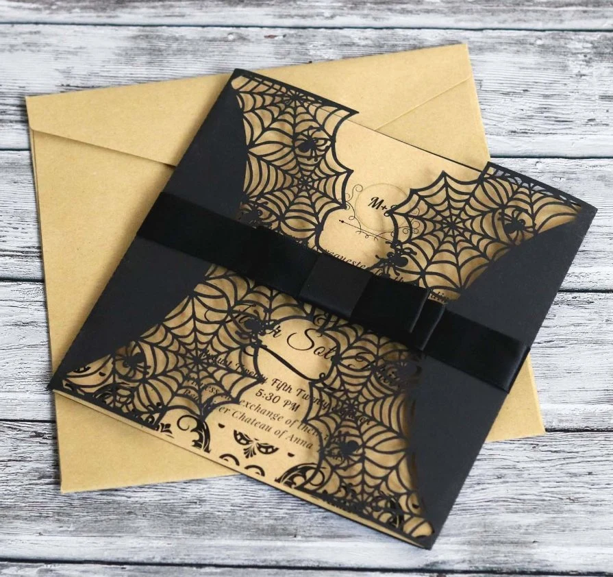 Black Color Hollow-out Invitation Holiday Card Halloween Spider Web Design