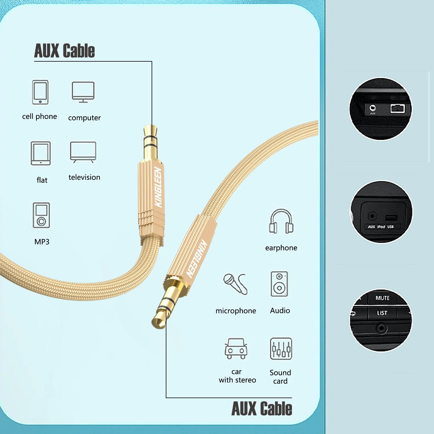 3.5mm Aux Braided Cable 1 Meter Audio Cable HDMI Aux Cable for Headset Microphone