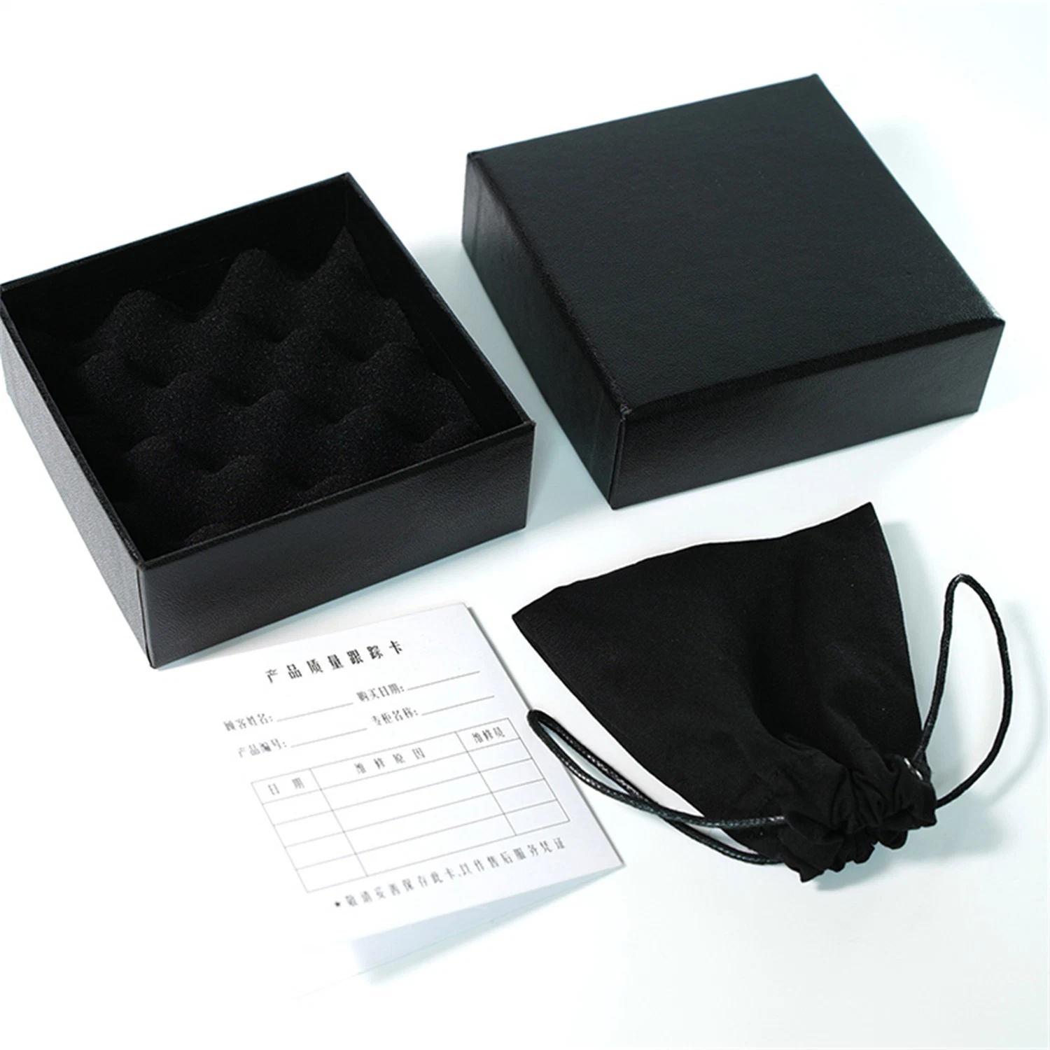 Black Leatherette Paper Gift Box Foam Insert Paper Card Drawstring Bag