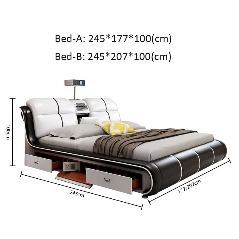 Hot Sale High End Modern Luxury Genuine Leather Multifunctional Smart Bed with Massage and Projector TV Home furniture