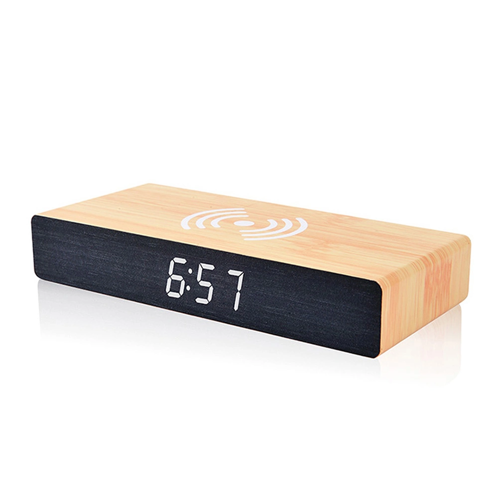 Business Gift Digital LED Alarm Clock Wood Phone Wireless Charger