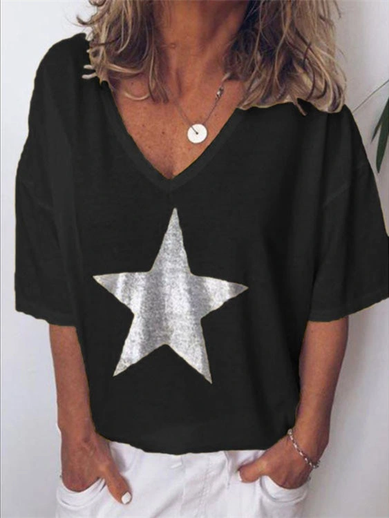 Custom Silver Star T Shirt Women Fashion Summer Lady Print Tee V-Neck Top Female Tshirts Clothes