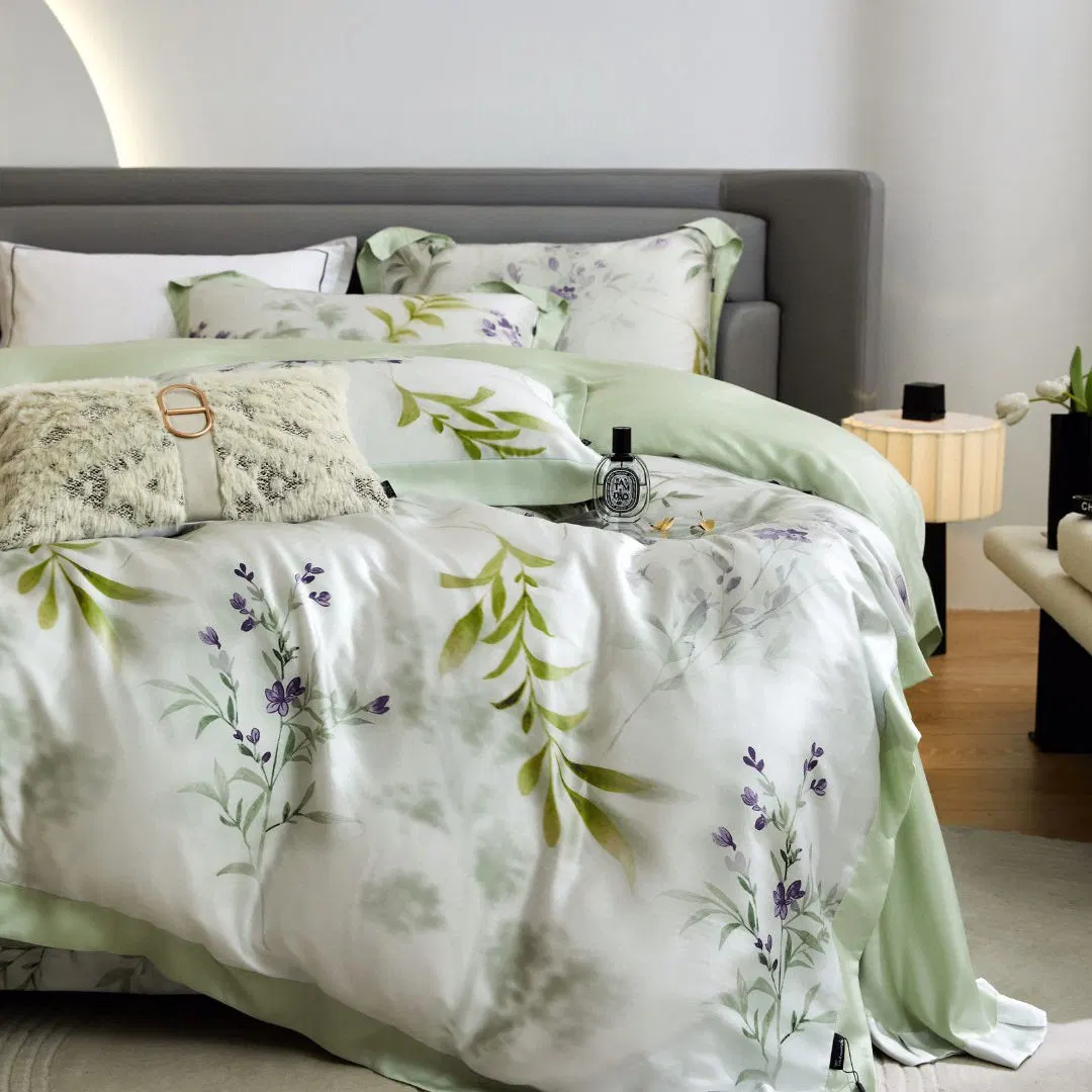 Luxury Lyocell Fiber Printing Green Comforter Quilt Duvet Cover Flower Blue Fitted Flat Bed Sheets Premium Home Textile Bedding Set Supplier