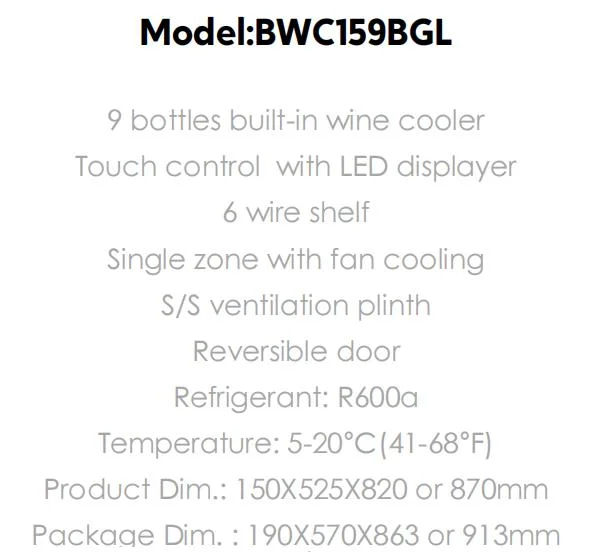 9 Bottles Built-in Mini Wine Cooler with 6 Wire Shelf and Single Zone