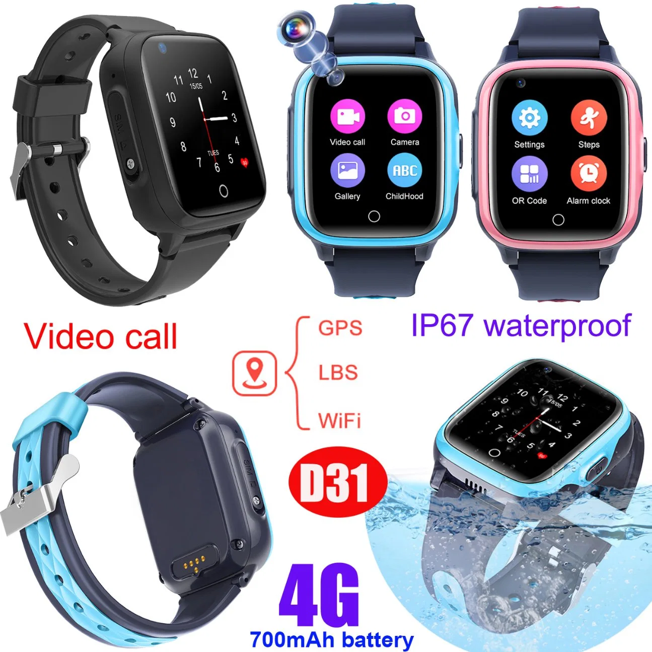 New Arrival IP67 Waterproof 4G Video Call Kids security Smart Watch Tracker GPS with Multi Languages Optional D31