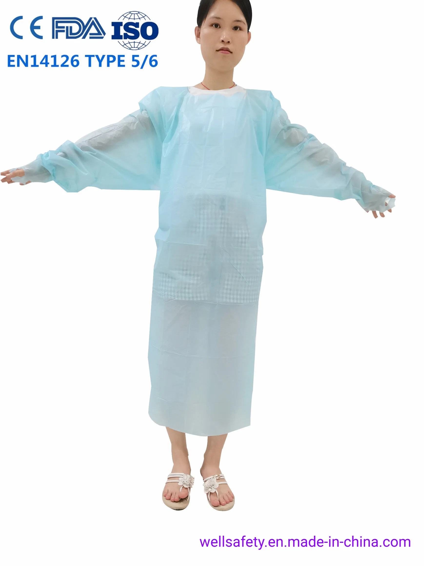 AAMI Level 2 Blue CPE Disposable Isolation Gown with Long Sleeves 50g Washable for Cheap Kitchen Aprons Waterproof Reusable Surgical Gown En14126