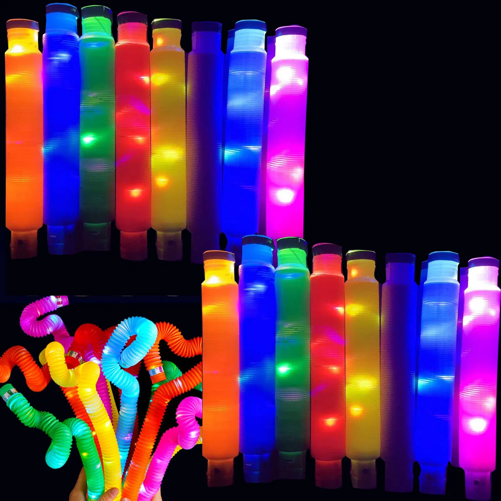 Hot Sell Fine Motor Skills Fidget Sensory LED Light up Plastic Pop Tubes Toys for Kids Learning Toys