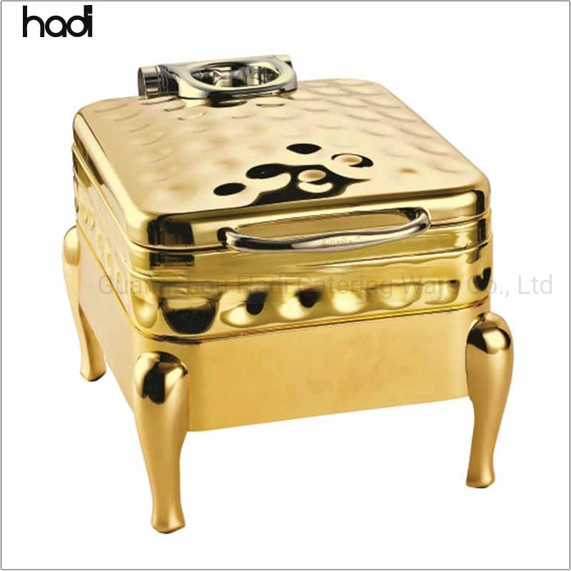 Catering Supplies Commercial 304 Stainless Steel Modern 6L Square Gold Hammered Luxury Chafing Dish Hotel Chafer Buffet Food Warmer for Buffet Hotel