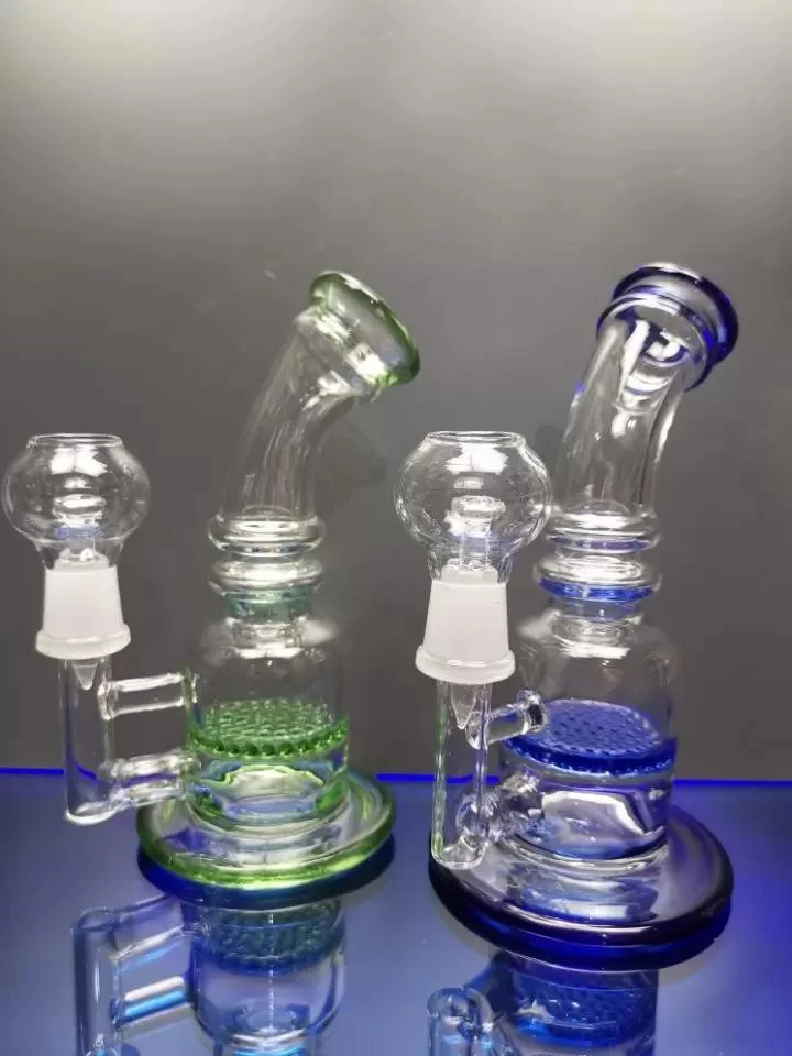 Tubo de humo de vidrio azul pequeño portátil tubo de humo de vidrio de color Honeycomb PERC vidrio DAB Rig