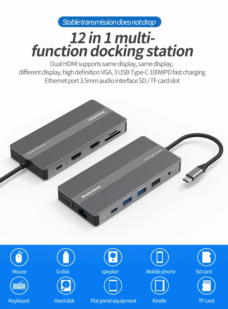 12 en 1 USB-C Moyeu avec HDMI 4k, Ethernet, lecteur de carte SD/TF, 2 ports USB 3.0, 100W pd