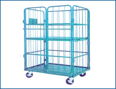 4 Side Roll Container Trolley Cage with Plastic Base and Shelves