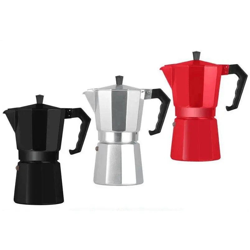 Оптовая торговля портативных алюминиевых Moka Pot Кофеварка серебристого цвета черного цвета красный 1/2/3/6/9/12 чашки 50/100/150/300/450/600мл эспрессо Cafetiere