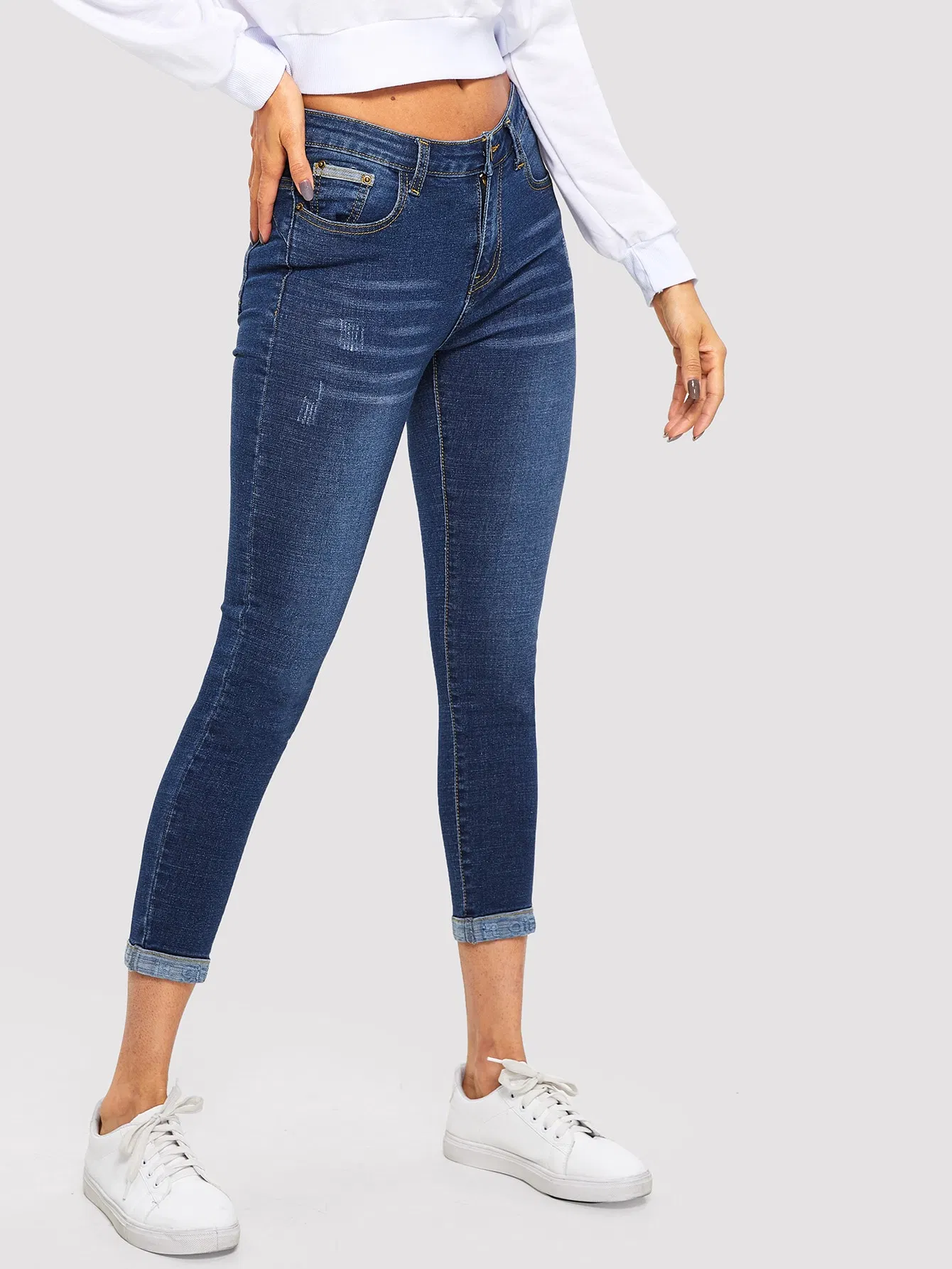 Con Cintura baja de mediados de-Azul cero y doble la parte inferior de la calidad de estiramiento Hem nueva moda Dama Jeans vaqueros Slim montaje