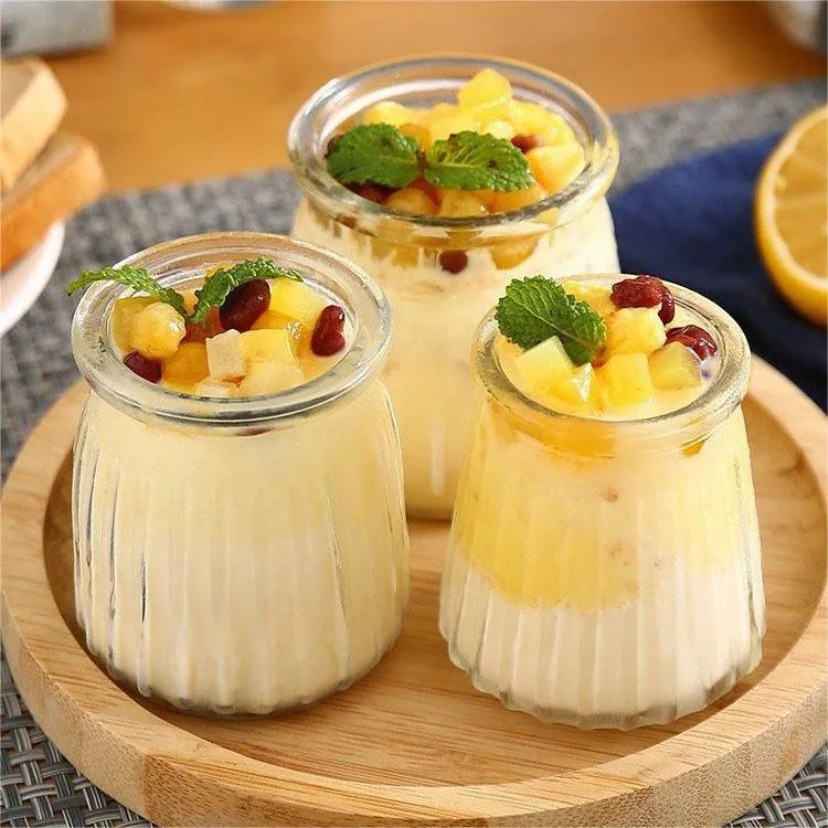 Wholesale 150ml 200ml Wide Mouth Striped Glass Pudding Jelly Jar with Plastic Cap