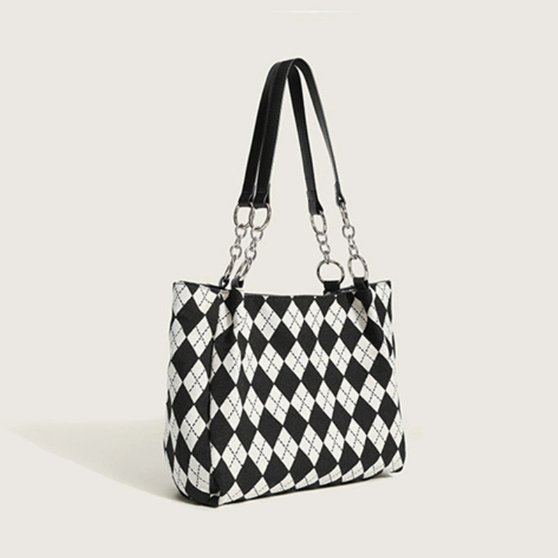 Classical Black White Geometric Pattern Women's Bag Large Shoulder Bag Soft Knit Checkered Tote Handbag with Half Chain PU Leather Handle