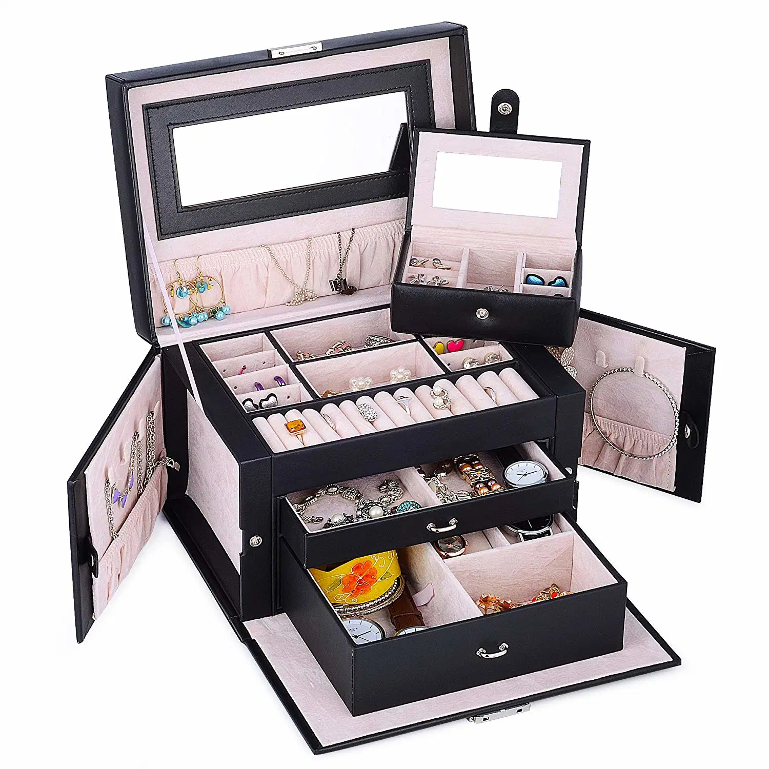 Large Capacity Black PU Leather Travel Storage Jewellery Boxes Portable Jewelry Box