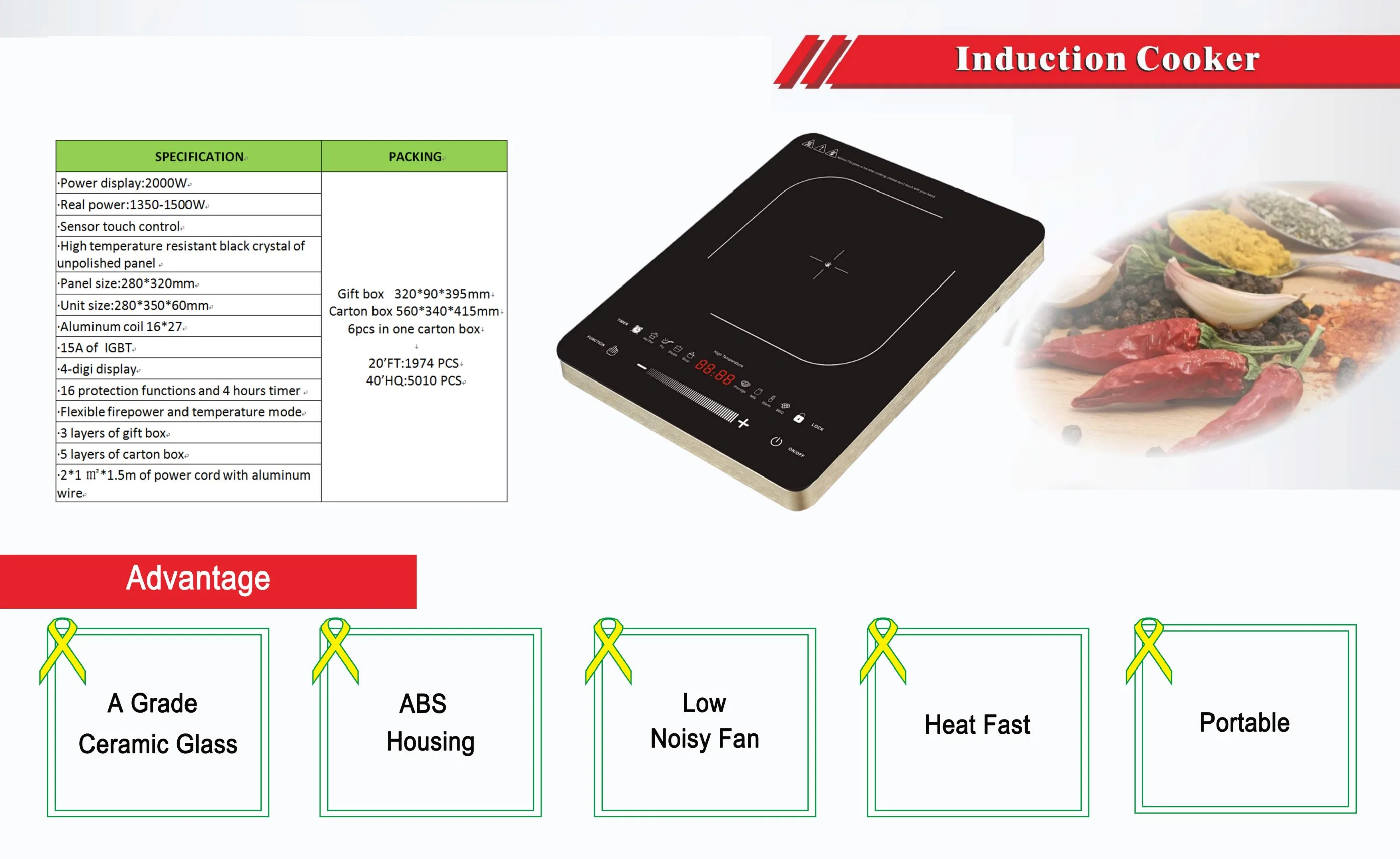 2200W Cocina de inducción de Cerámica de Restaurante portátil multifunción