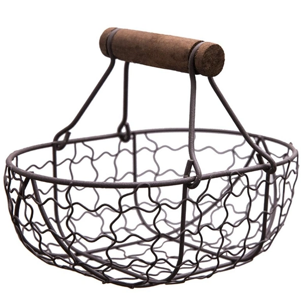 Metal Wire Egg Basket with Wooden Handle for Bread Snack Vegetable