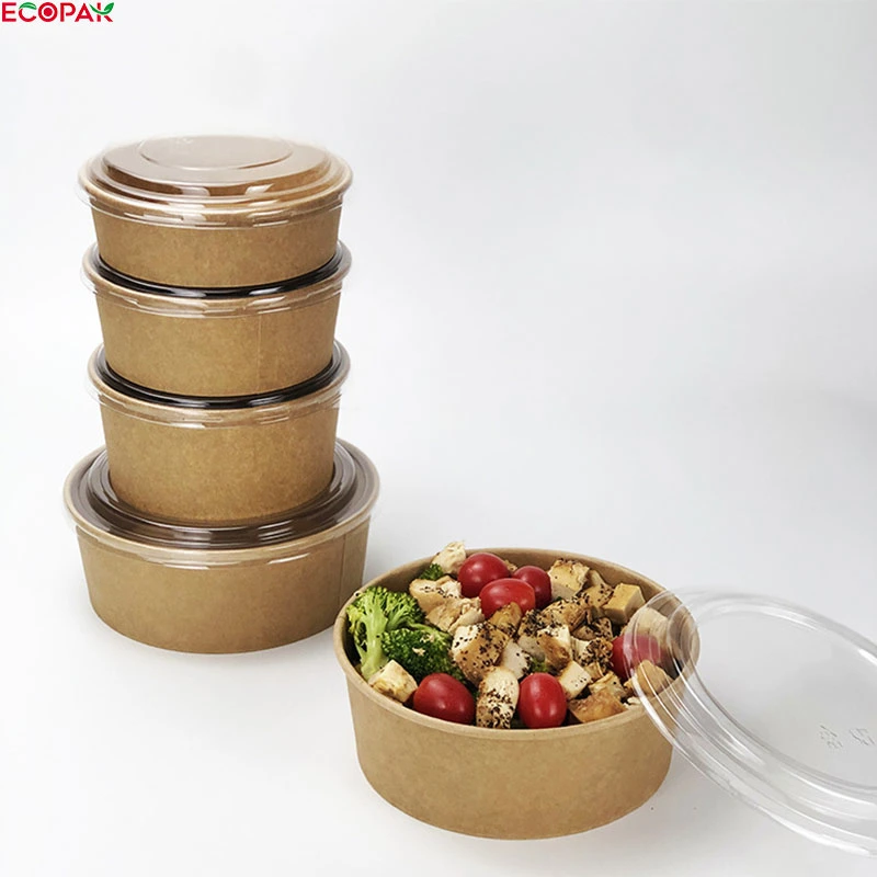 Disposable Take Away Lunch Box Kraft Paper Salad Bowl with Pet Lid