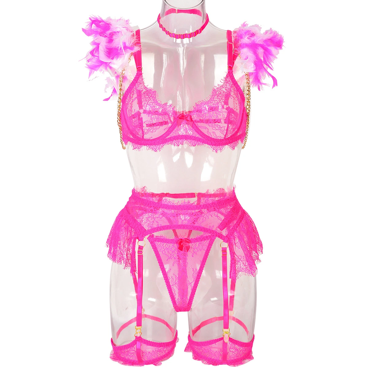 Plumas damas Cadena metálica desmontable conjuntos de lenceria sexy atuendo See-Through Borde de encaje ropa interior sexy conjunto Mq0942