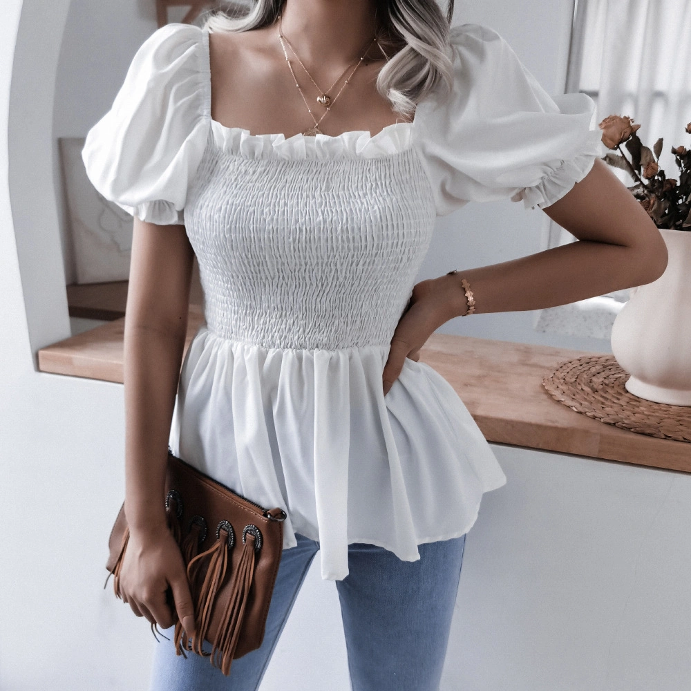 Fashion Lantern Sleeve Hem Ruffled Chiffon Shirt Top