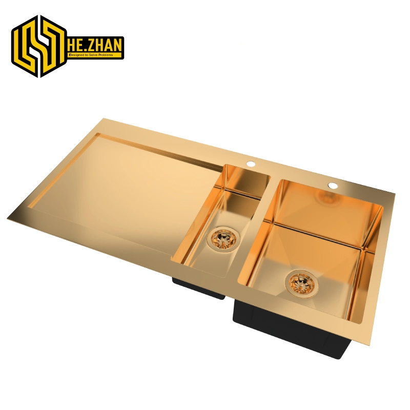 304 Stainless Steel Handmade Double-Basin Commercial Sink with a Simple and Atmospheric PVD Gold Black Sink