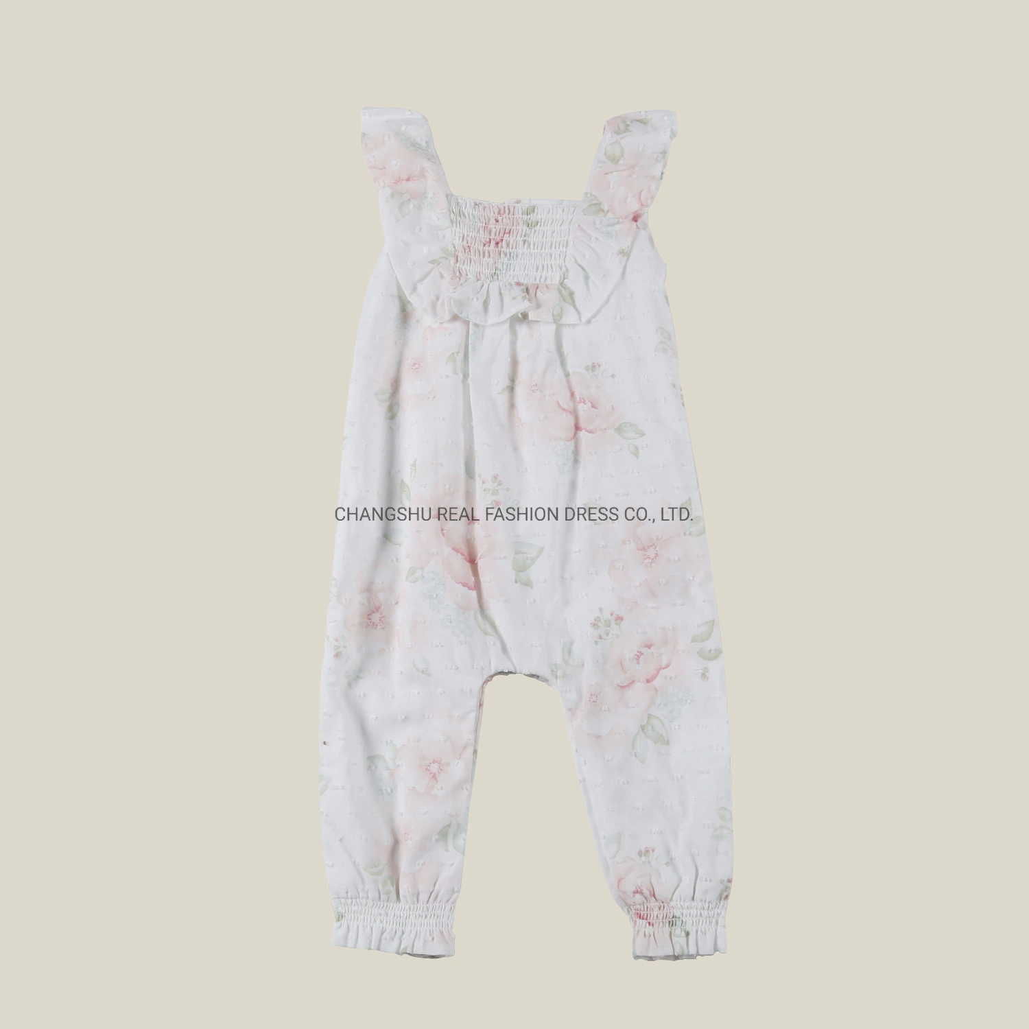 Infant Baby Clothes Girl Children Woven White Ground Flower Printed Romper Wear with Smocking Stitching at Yoke