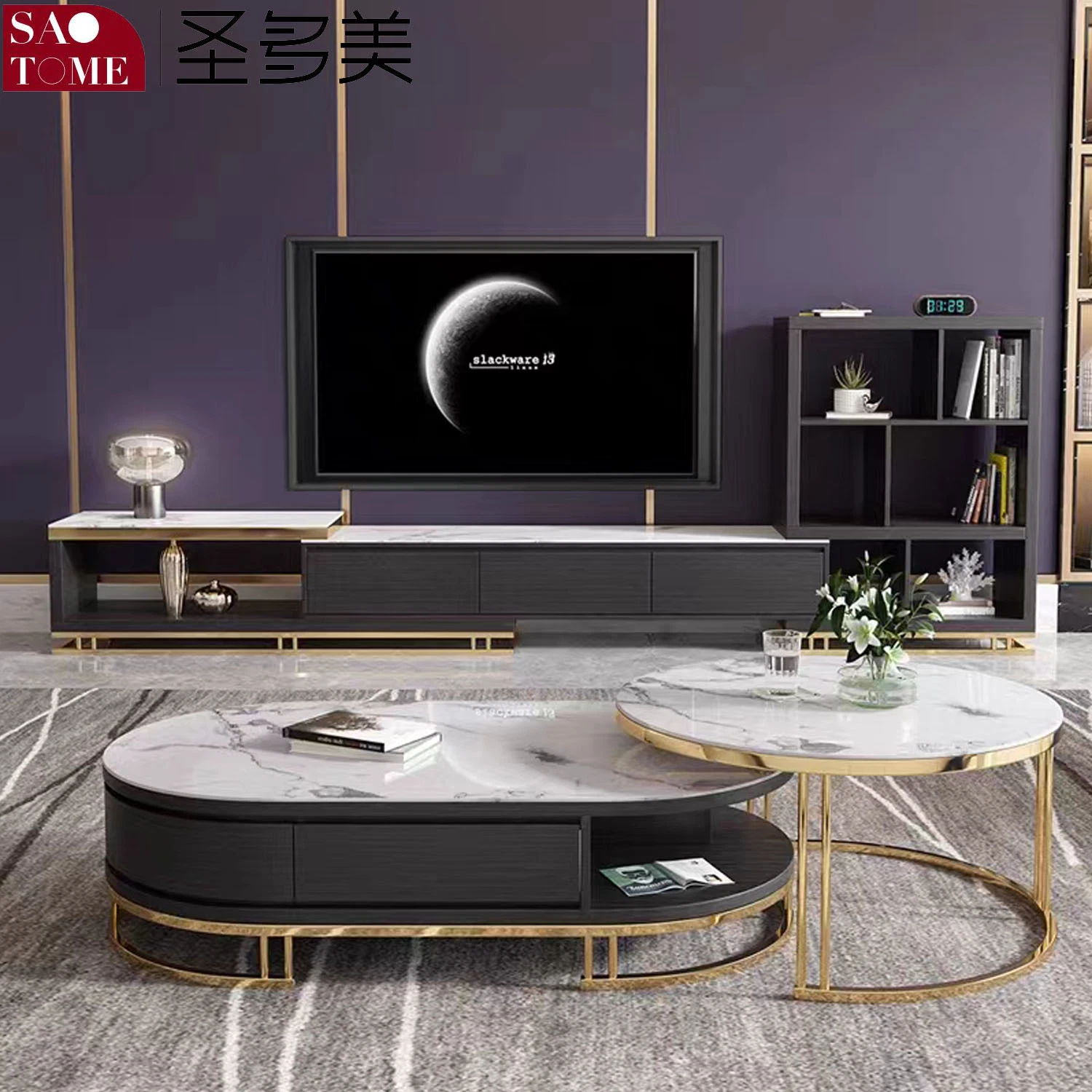 Mesa de café de laje de rocha moderna, gabinete de TV, aparador, combinação de mesa de café redonda de ferro, móveis para sala de estar.