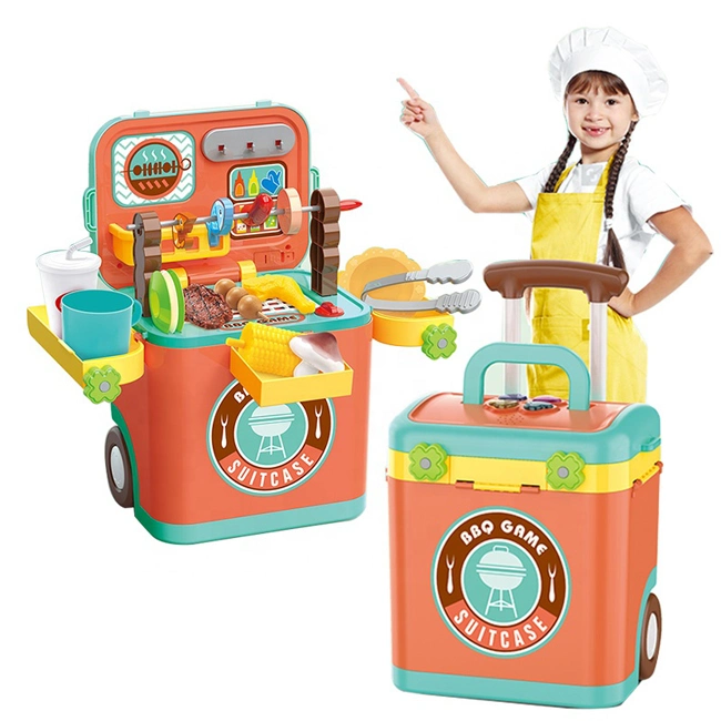 Whoesale Children Plastic 3 in 1 BBQ Game with Light and Sound Suitcase Table Pretend Play Toys Interesting Kids BBQ Set Toy