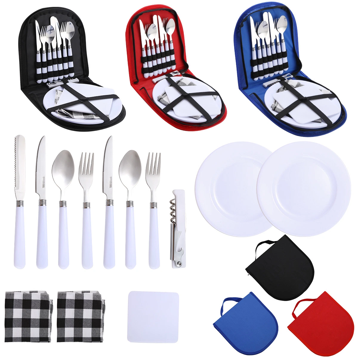 Travel Camping Portable Dinnerware Cutlery Sets with Handbag Plastic Handle Stainless Steel Flatware Sets