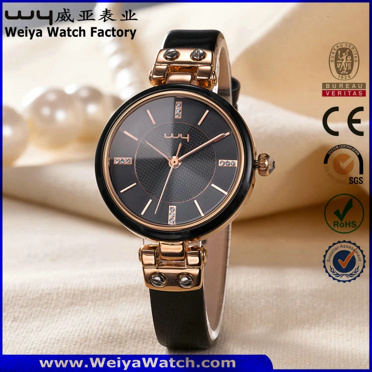 Fashion Vogue Leather Strap Quartz Ladies Wrist Watch (Wy-100D)