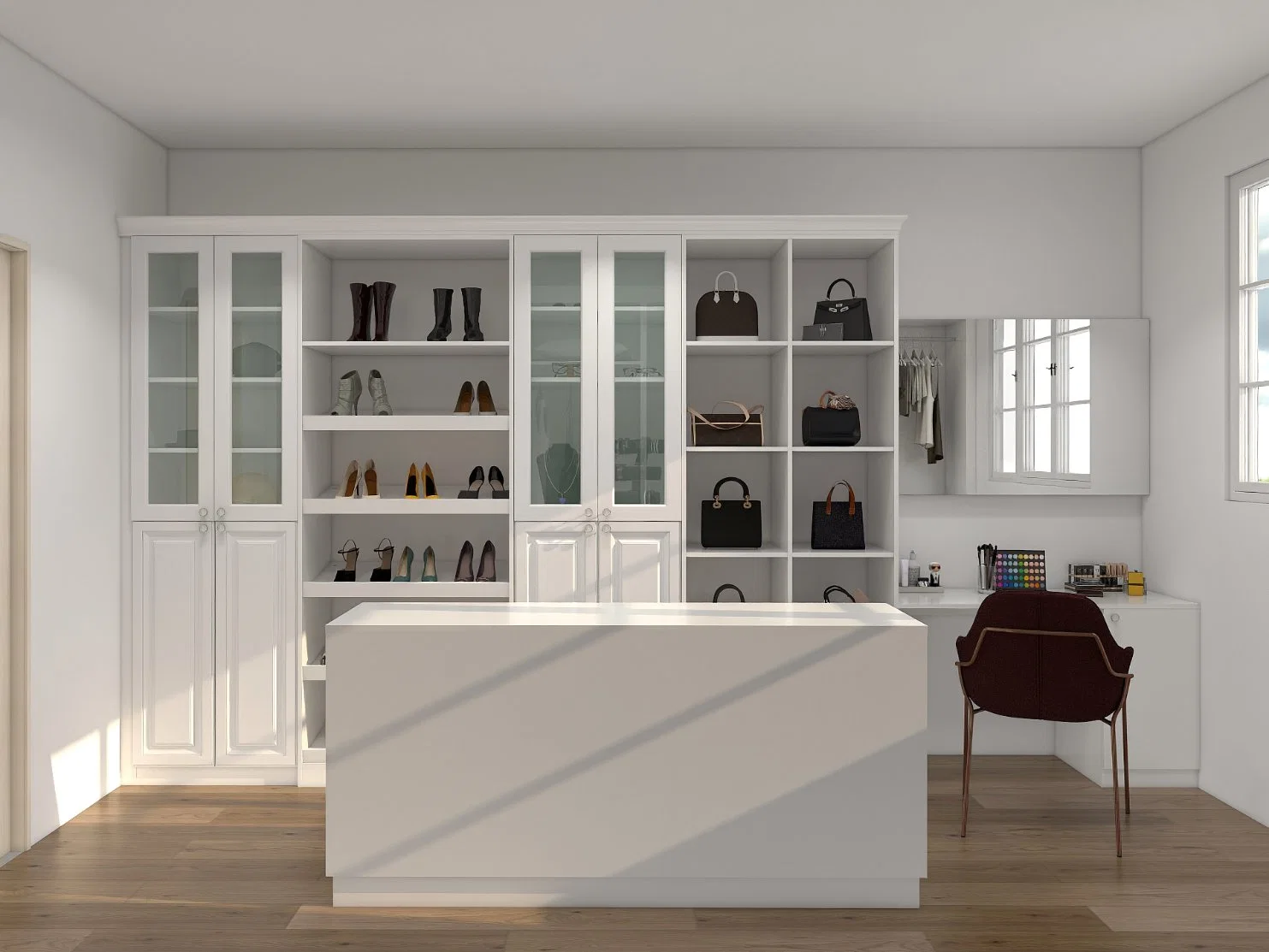 Italian Design Modern Home Bedroom Furniture Customized U Shape Walk in Wardrobe with Island Cabinet