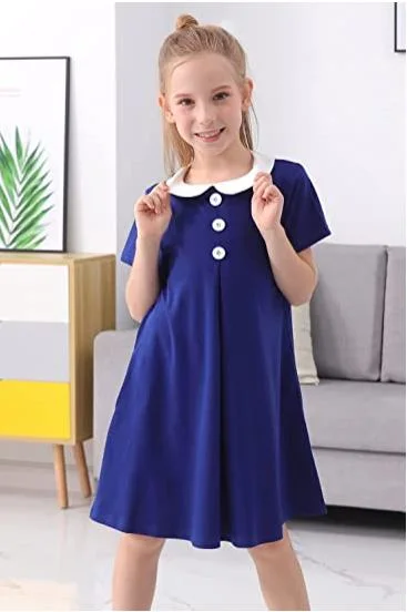 Girl White Peter Pan Collar School Uniform Short Sleeve Jumper Polo Dress for 4-14t