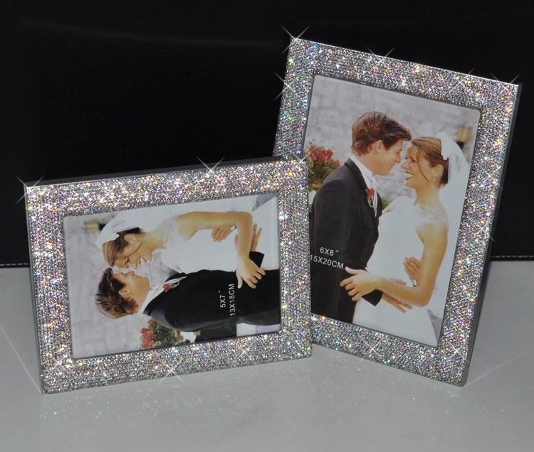 Ea007 Photos Holder Glass Mirror with Sparkling Crystal Border Use Standing with Included Easel or Ready to Hang Silver Bling Diamond Photo Frame