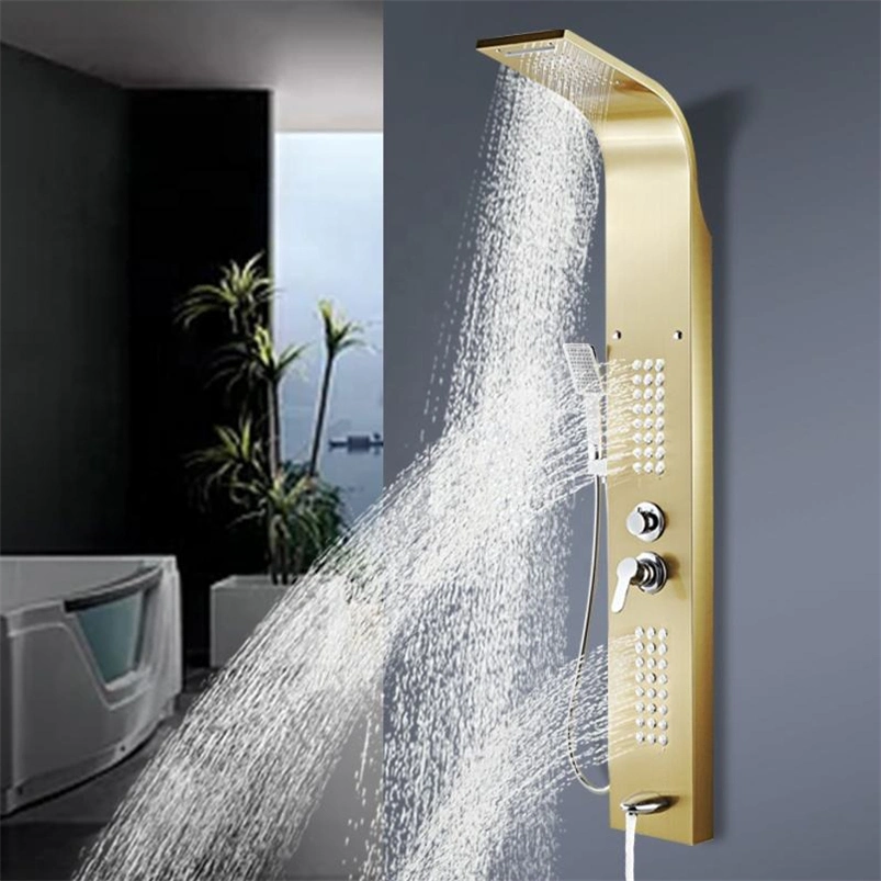 Exquisite Golden Nickel Brushed Shower Panel Tower: Premium 304 Stainless Steel, Enchanting Waterfall SPA Jets, Intelligent LCD Display, Modern Bathroom Upgrade