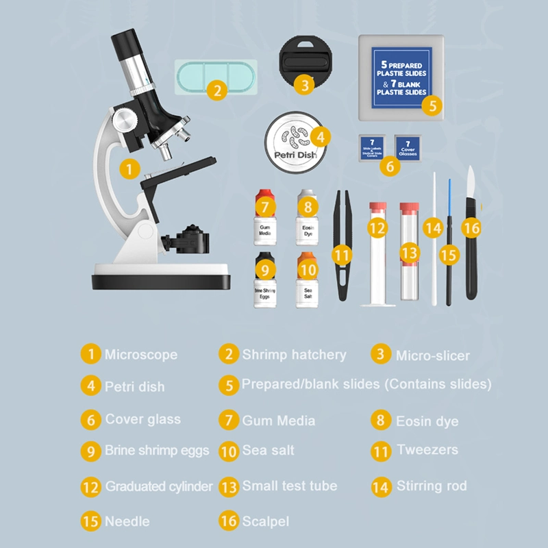 OEM/ODM Kids Science Experiments Kit Toys Metal Microscope Set 100X-1200X Stem Education Toys Science Educational Kits 28PCS Wholesale/Supplier Educational Toys