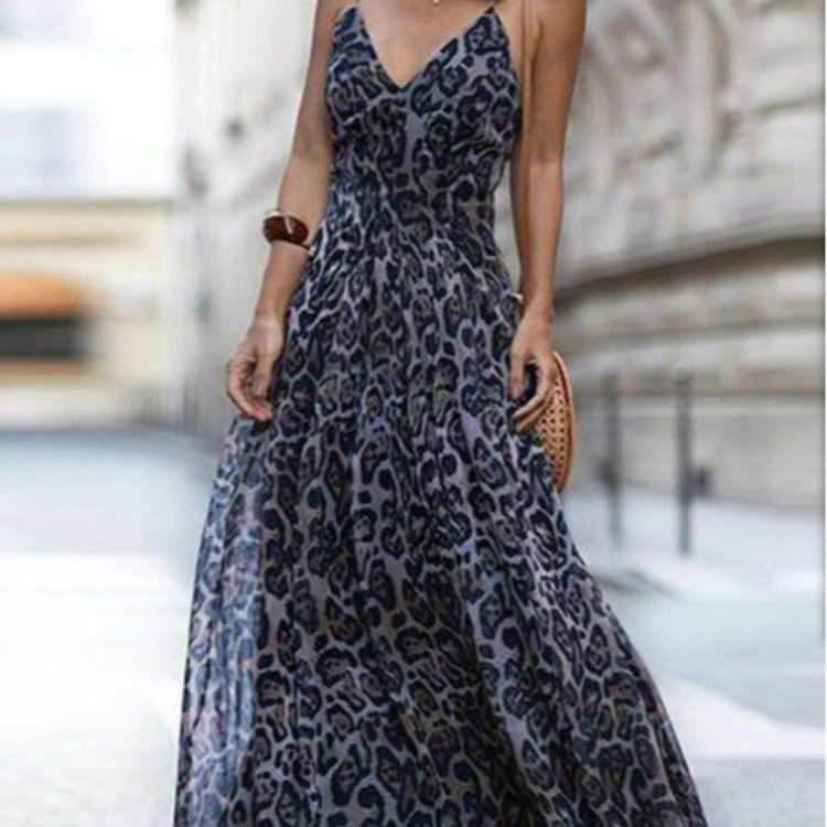 High quality/High cost performance  Popular Leopard Print V-Neck Strap Dress Long Skirt