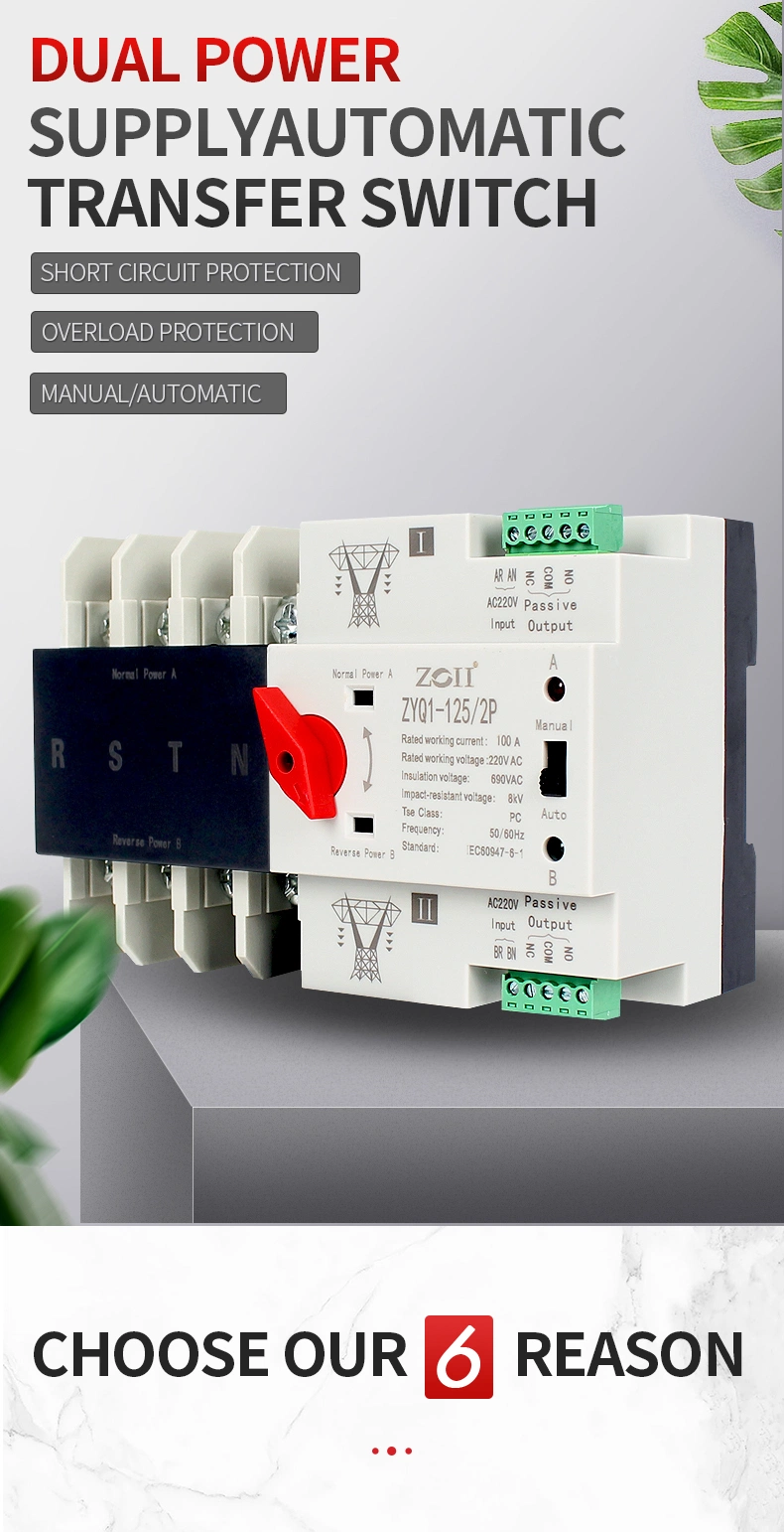 Automatic Changeover Switch Uninterruptible Dual Power 2p 3p 4p AC 220V 63A 100A 125A Transfer Switch ATS for Solar Inverter