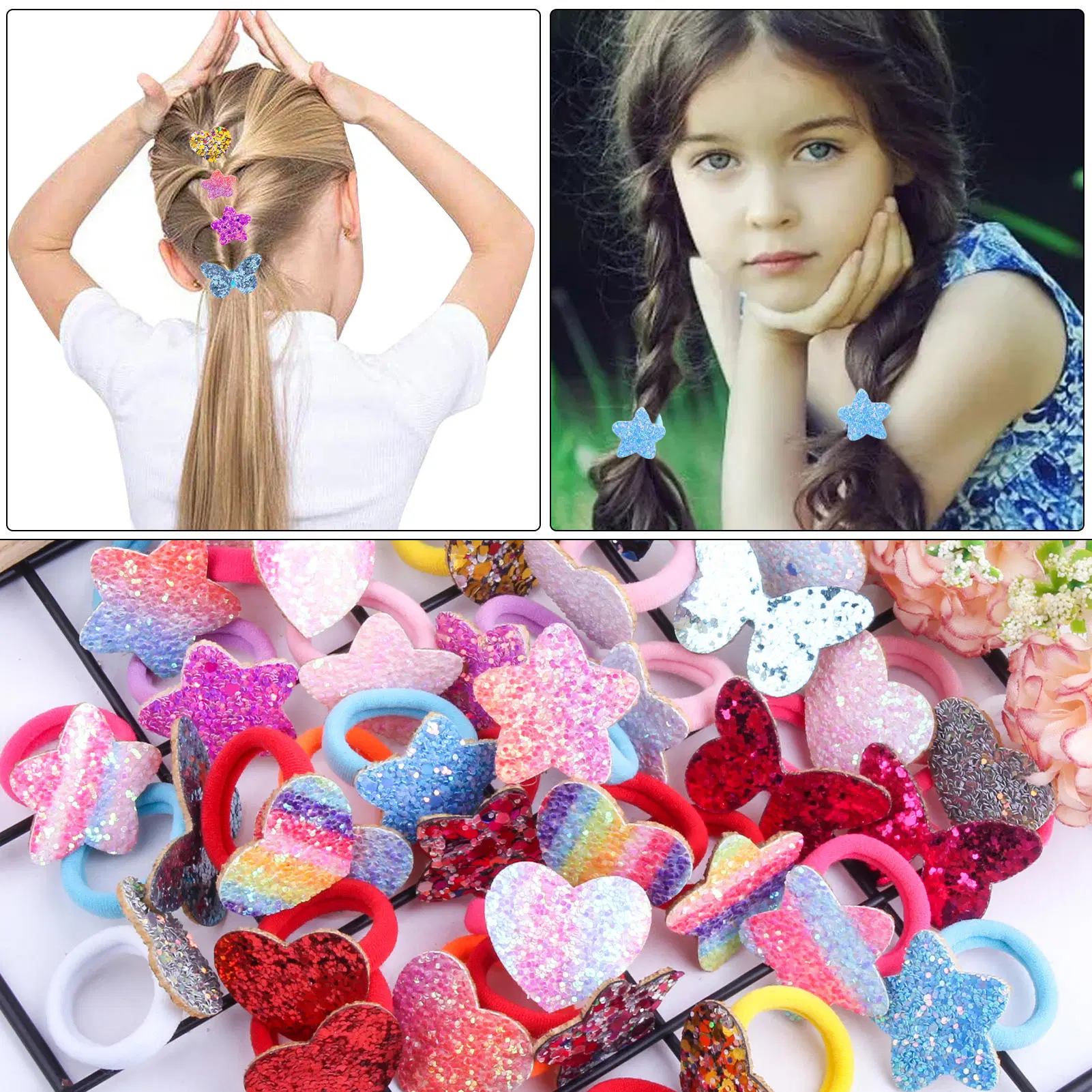 Cross-Border Factory Baby Girls High Elastic Rainbow Gradient Pentacle Heart Glitter Rubber Band